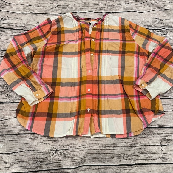 J. Crew Tops - J. Crew Pink and Orange Button Down Plaid Shirt; Ruffle Collar; Super Soft; 2X
